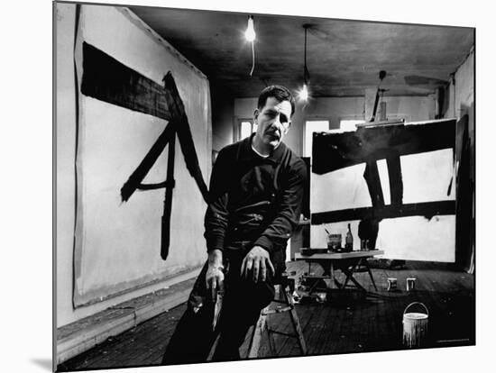 Abstract Expressionist Painter, Franz Kline, in Studio with His Black and White Paintings-Fritz Goro-Mounted Premium Photographic Print