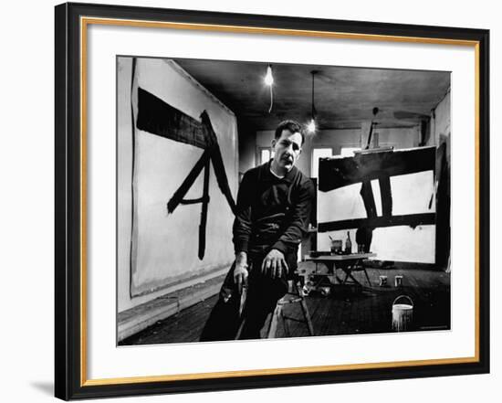Abstract Expressionist Painter, Franz Kline, in Studio with His Black and White Paintings-Fritz Goro-Framed Premium Photographic Print