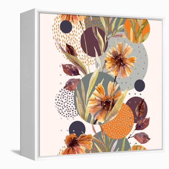 Abstract Floral and Geometric Seamless Pattern. Watercolor Flowers and Leaves, Circle Shapes Filled-null-Framed Stretched Canvas