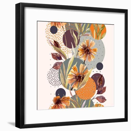 Abstract Floral and Geometric Seamless Pattern. Watercolor Flowers and Leaves, Circle Shapes Filled-null-Framed Premium Giclee Print