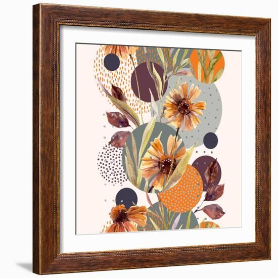 Abstract Floral and Geometric Seamless Pattern. Watercolor Flowers and Leaves, Circle Shapes Filled-null-Framed Premium Giclee Print