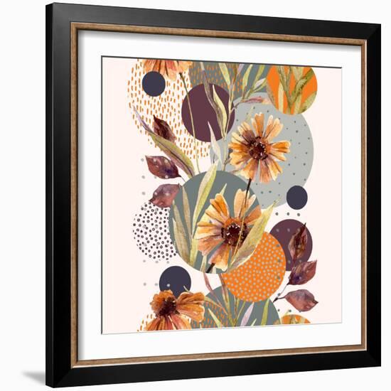 Abstract Floral and Geometric Seamless Pattern. Watercolor Flowers and Leaves, Circle Shapes Filled-null-Framed Premium Giclee Print