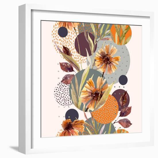 Abstract Floral and Geometric Seamless Pattern. Watercolor Flowers and Leaves, Circle Shapes Filled-null-Framed Premium Giclee Print