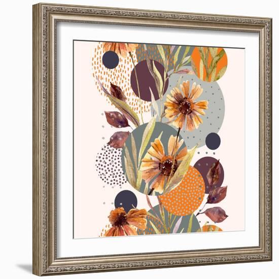 Abstract Floral and Geometric Seamless Pattern. Watercolor Flowers and Leaves, Circle Shapes Filled-null-Framed Art Print