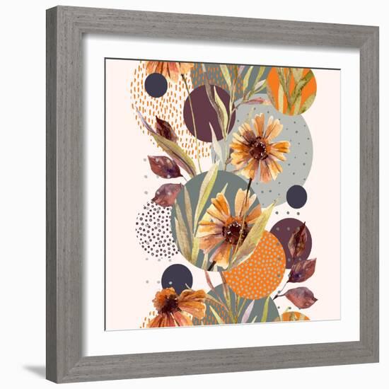 Abstract Floral and Geometric Seamless Pattern. Watercolor Flowers and Leaves, Circle Shapes Filled-null-Framed Art Print