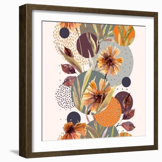 Abstract Floral and Geometric Seamless Pattern. Watercolor Flowers and Leaves, Circle Shapes Filled-null-Framed Art Print