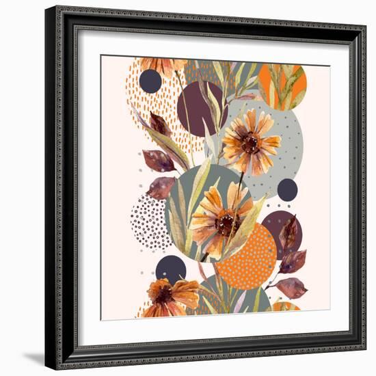 Abstract Floral and Geometric Seamless Pattern. Watercolor Flowers and Leaves, Circle Shapes Filled-null-Framed Art Print