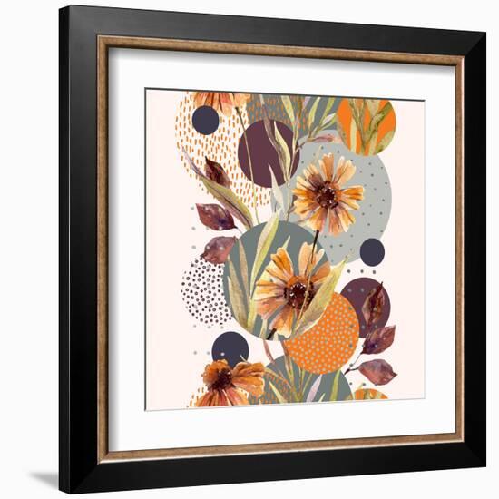 Abstract Floral and Geometric Seamless Pattern. Watercolor Flowers and Leaves, Circle Shapes Filled-null-Framed Art Print