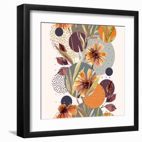Abstract Floral and Geometric Seamless Pattern. Watercolor Flowers and Leaves, Circle Shapes Filled--Framed Art Print