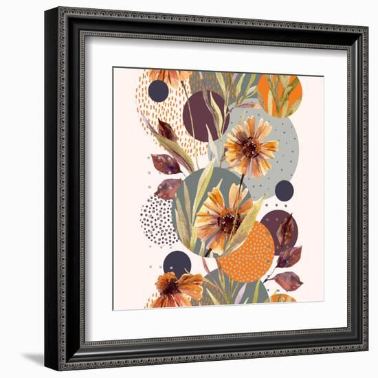 Abstract Floral and Geometric Seamless Pattern. Watercolor Flowers and Leaves, Circle Shapes Filled-null-Framed Art Print