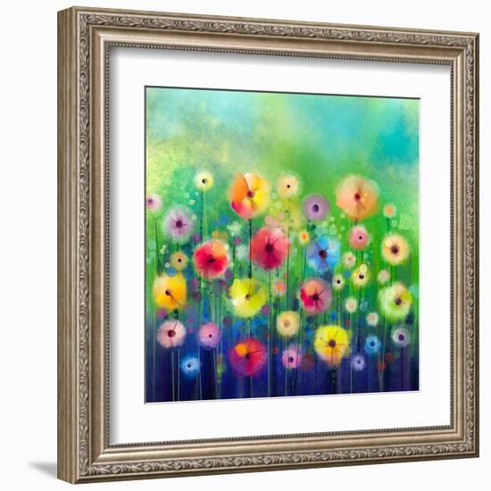 Abstract Floral Watercolor Painting. Hand Paint Yellow and Red Flowers in Soft Color on Green Color-pluie_r-Framed Art Print