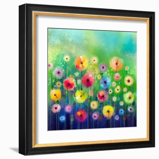 Abstract Floral Watercolor Painting. Hand Paint Yellow and Red Flowers in Soft Color on Green Color-pluie_r-Framed Art Print