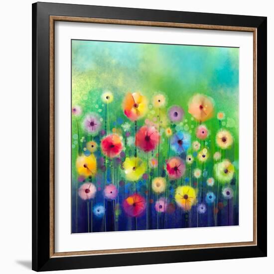 Abstract Floral Watercolor Painting. Hand Paint Yellow and Red Flowers in Soft Color on Green Color-pluie_r-Framed Art Print