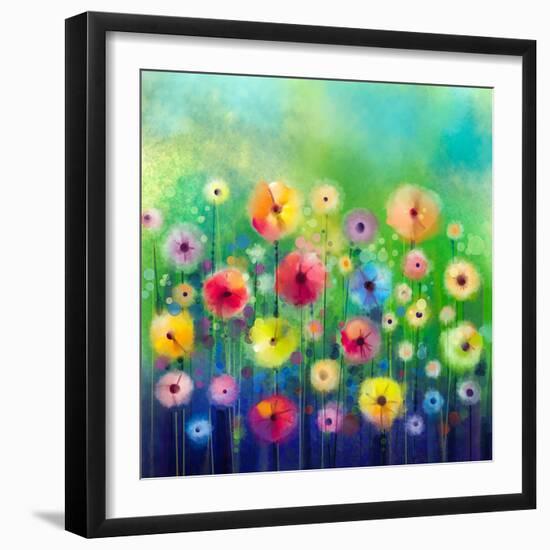 Abstract Floral Watercolor Painting. Hand Paint Yellow and Red Flowers in Soft Color on Green Color-pluie_r-Framed Art Print