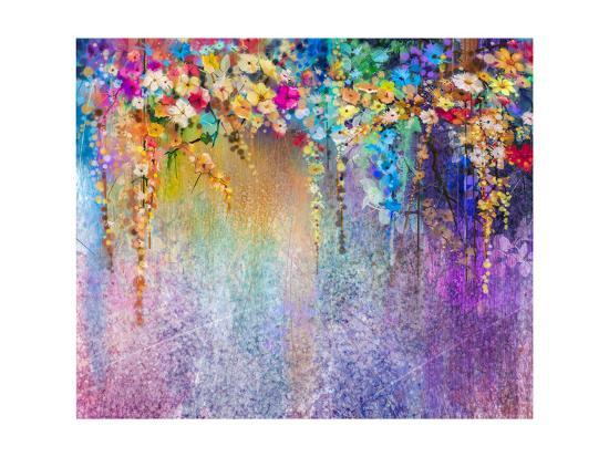 Abstract Floral Watercolor Painting Hand Painted White Yellow And Red Flowers In Soft Color Blue Art Print By Pluie R Art Com