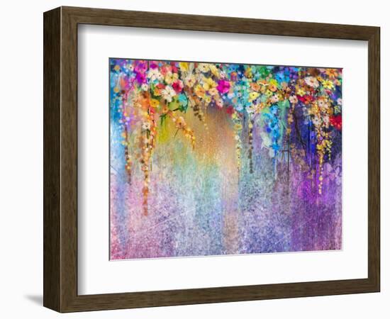 Abstract Floral Watercolor Painting. Hand Painted White, Yellow and Red Flowers in Soft Color. Blue-pluie_r-Framed Art Print