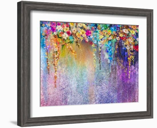 Abstract Floral Watercolor Painting. Hand Painted White, Yellow and Red Flowers in Soft Color. Blue-pluie_r-Framed Art Print