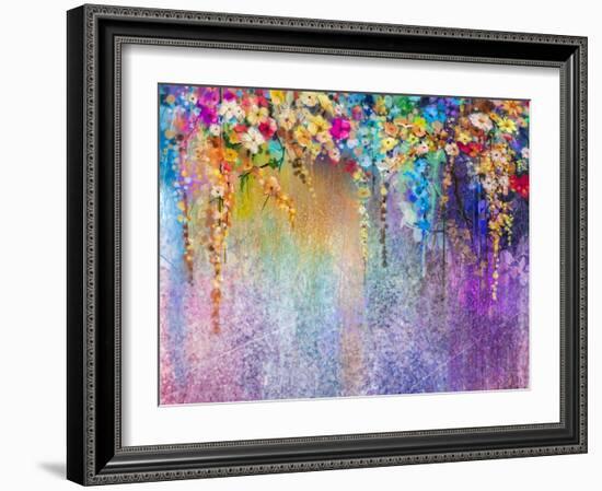 Abstract Floral Watercolor Painting. Hand Painted White, Yellow and Red Flowers in Soft Color. Blue-pluie_r-Framed Art Print