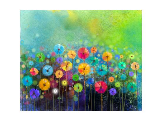 Abstract Floral Watercolor Painting Hand Painted Yellow And Red Flowers In Soft Color On Green Col Art Print By Pluie R Art Com