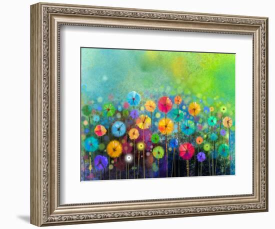 Abstract Floral Watercolor Painting. Hand Painted Yellow and Red Flowers in Soft Color on Green Col-pluie_r-Framed Art Print