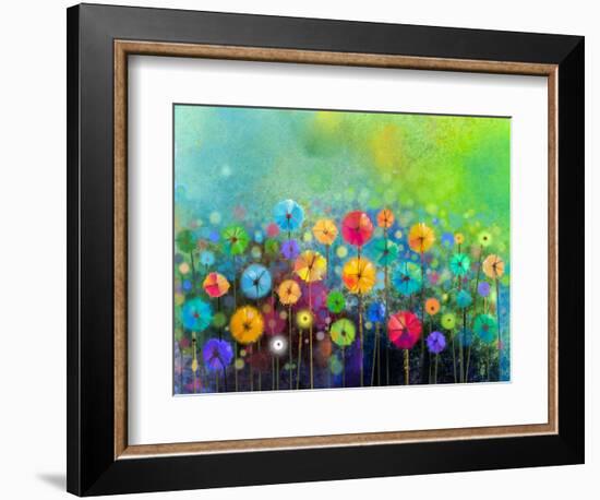 Abstract Floral Watercolor Painting. Hand Painted Yellow and Red Flowers in Soft Color on Green Col-pluie_r-Framed Art Print