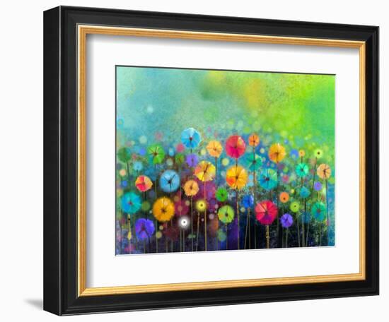 Abstract Floral Watercolor Painting. Hand Painted Yellow and Red Flowers in Soft Color on Green Col-pluie_r-Framed Art Print