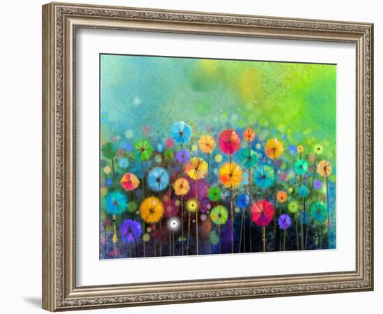 Abstract Floral Watercolor Painting. Hand Painted Yellow and Red Flowers in Soft Color on Green Col-pluie_r-Framed Art Print