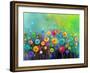 Abstract Floral Watercolor Painting. Hand Painted Yellow and Red Flowers in Soft Color on Green Col-pluie_r-Framed Art Print