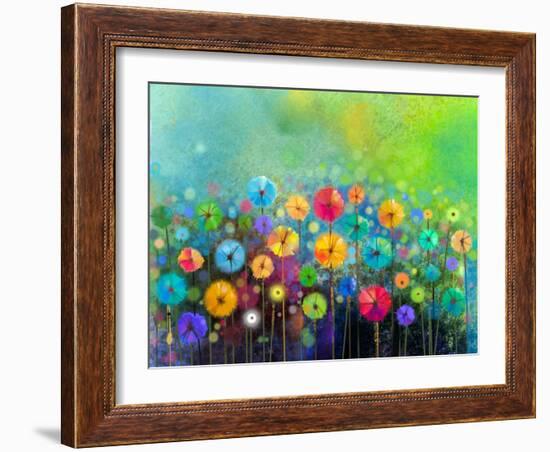 Abstract Floral Watercolor Painting. Hand Painted Yellow and Red Flowers in Soft Color on Green Col-pluie_r-Framed Art Print