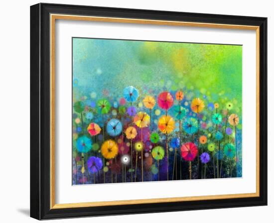 Abstract Floral Watercolor Painting. Hand Painted Yellow and Red Flowers in Soft Color on Green Col-pluie_r-Framed Art Print