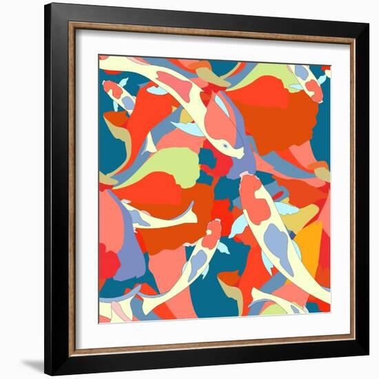 Abstract Illustration Fish Koi (Japanese, Chinese Carp) in Pond with Floral Colorful Algae (The Col-Viktoriya Panasenko-Framed Art Print