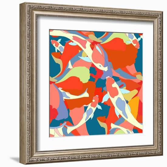 Abstract Illustration Fish Koi (Japanese, Chinese Carp) in Pond with Floral Colorful Algae (The Col-Viktoriya Panasenko-Framed Art Print