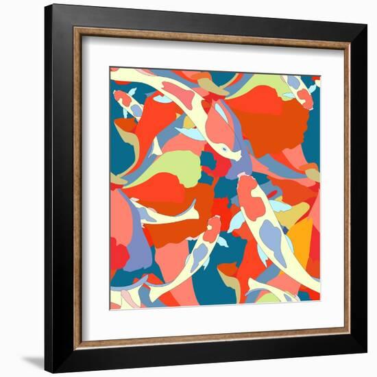 Abstract Illustration Fish Koi (Japanese, Chinese Carp) in Pond with Floral Colorful Algae (The Col-Viktoriya Panasenko-Framed Art Print