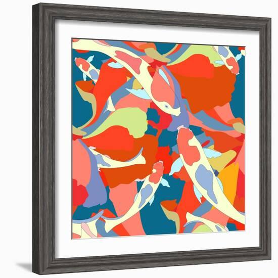 Abstract Illustration Fish Koi (Japanese, Chinese Carp) in Pond with Floral Colorful Algae (The Col-Viktoriya Panasenko-Framed Premium Giclee Print