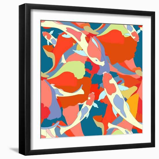 Abstract Illustration Fish Koi (Japanese, Chinese Carp) in Pond with Floral Colorful Algae (The Col-Viktoriya Panasenko-Framed Premium Giclee Print