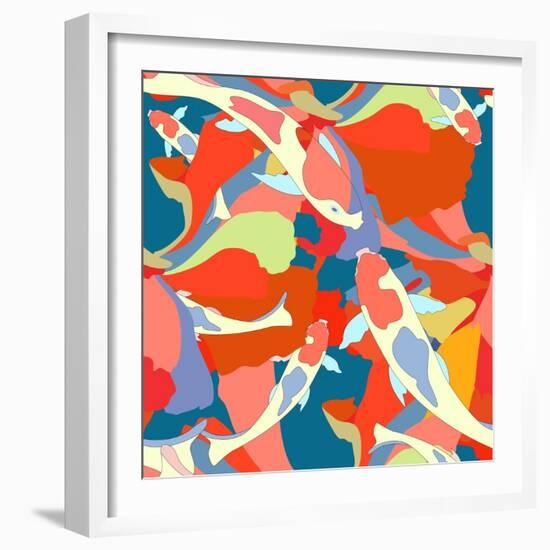 Abstract Illustration Fish Koi (Japanese, Chinese Carp) in Pond with Floral Colorful Algae (The Col-Viktoriya Panasenko-Framed Premium Giclee Print