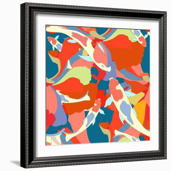 Abstract Illustration Fish Koi (Japanese, Chinese Carp) in Pond with Floral Colorful Algae (The Col-Viktoriya Panasenko-Framed Premium Giclee Print