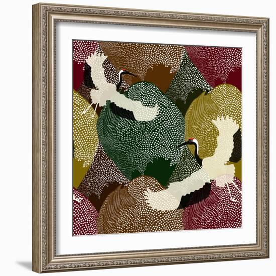 Abstract Illustration of Two Japanese Cranes Flying over a Field and Forest in the Background Patte-Viktoriya Panasenko-Framed Art Print