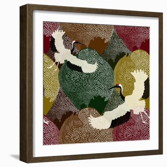 Abstract Illustration of Two Japanese Cranes Flying over a Field and Forest in the Background Patte-Viktoriya Panasenko-Framed Art Print