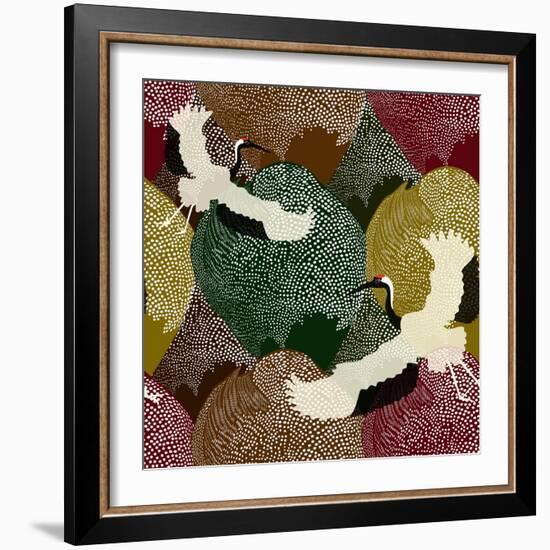 Abstract Illustration of Two Japanese Cranes Flying over a Field and Forest in the Background Patte-Viktoriya Panasenko-Framed Art Print