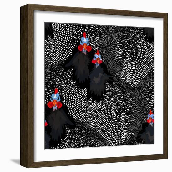 Abstract Illustration of Two Rooster and Hen (Chicken) in Background Black White Polka Dots, Cock S-Viktoriya Panasenko-Framed Art Print