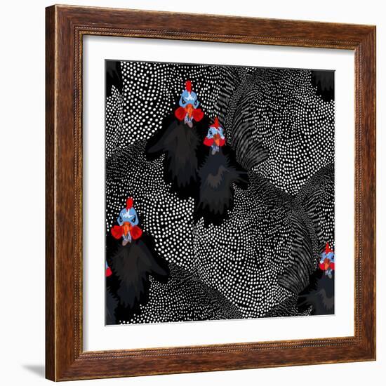 Abstract Illustration of Two Rooster and Hen (Chicken) in Background Black White Polka Dots, Cock S-Viktoriya Panasenko-Framed Art Print