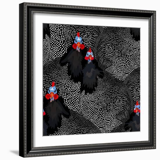 Abstract Illustration of Two Rooster and Hen (Chicken) in Background Black White Polka Dots, Cock S-Viktoriya Panasenko-Framed Art Print