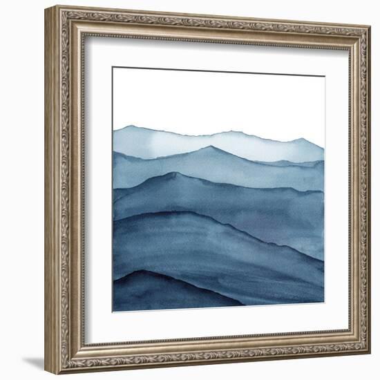 abstract indigo blue watercolor waves mountains on white background-Julia Druzenko-Framed Art Print