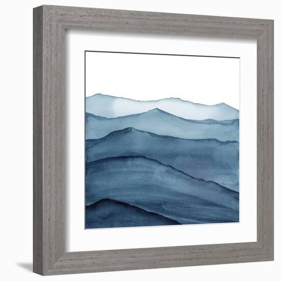 abstract indigo blue watercolor waves mountains on white background-Julia Druzenko-Framed Art Print