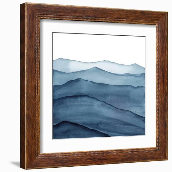 abstract indigo blue watercolor waves mountains on white background-Julia Druzenko-Framed Art Print