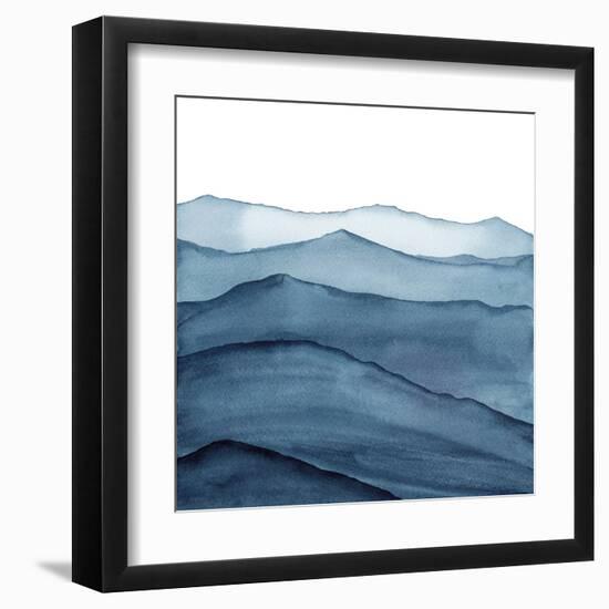 abstract indigo blue watercolor waves mountains on white background-Julia Druzenko-Framed Art Print