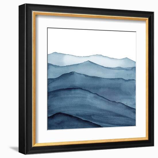 abstract indigo blue watercolor waves mountains on white background-Julia Druzenko-Framed Art Print