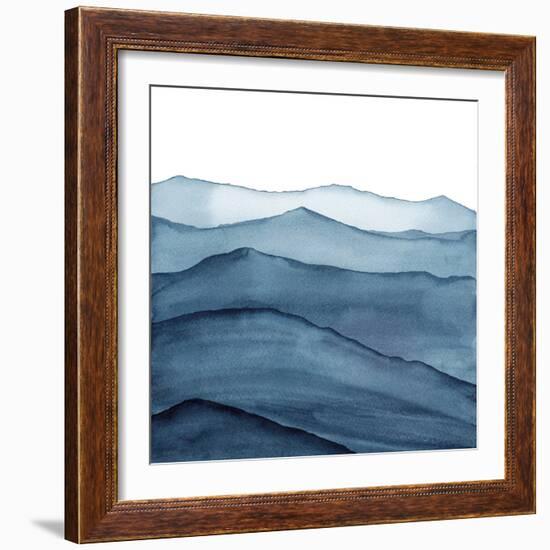 abstract indigo blue watercolor waves mountains on white background-Julia Druzenko-Framed Art Print