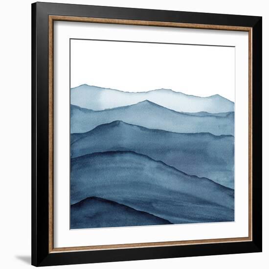 abstract indigo blue watercolor waves mountains on white background-Julia Druzenko-Framed Art Print